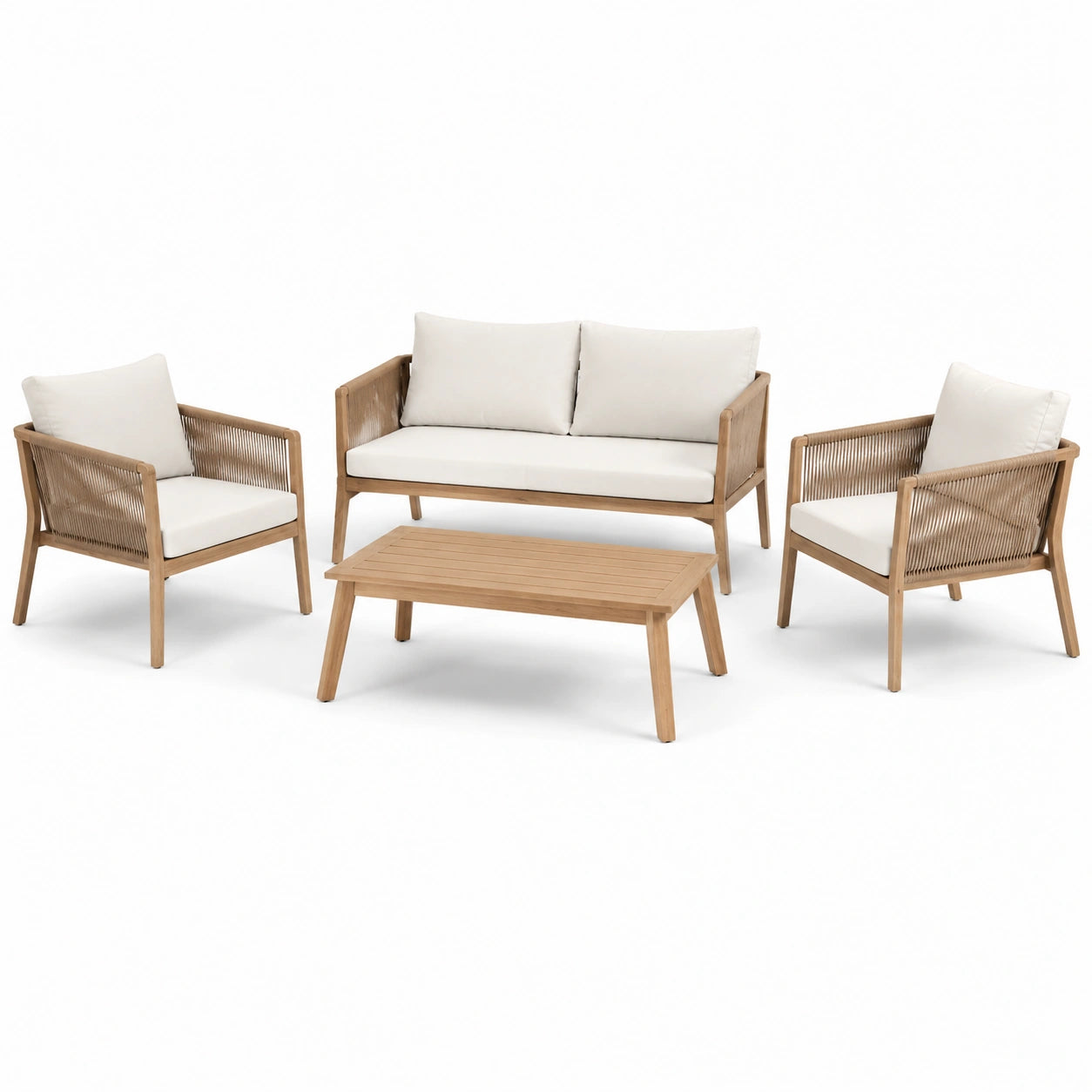 Set salotto da giardino in legno con cuscini bianchi