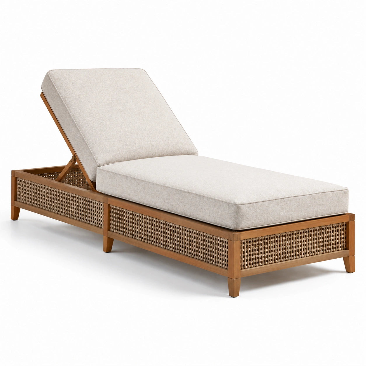 Lettino Prendisole in Legno e Rattan con Cuscino Crema