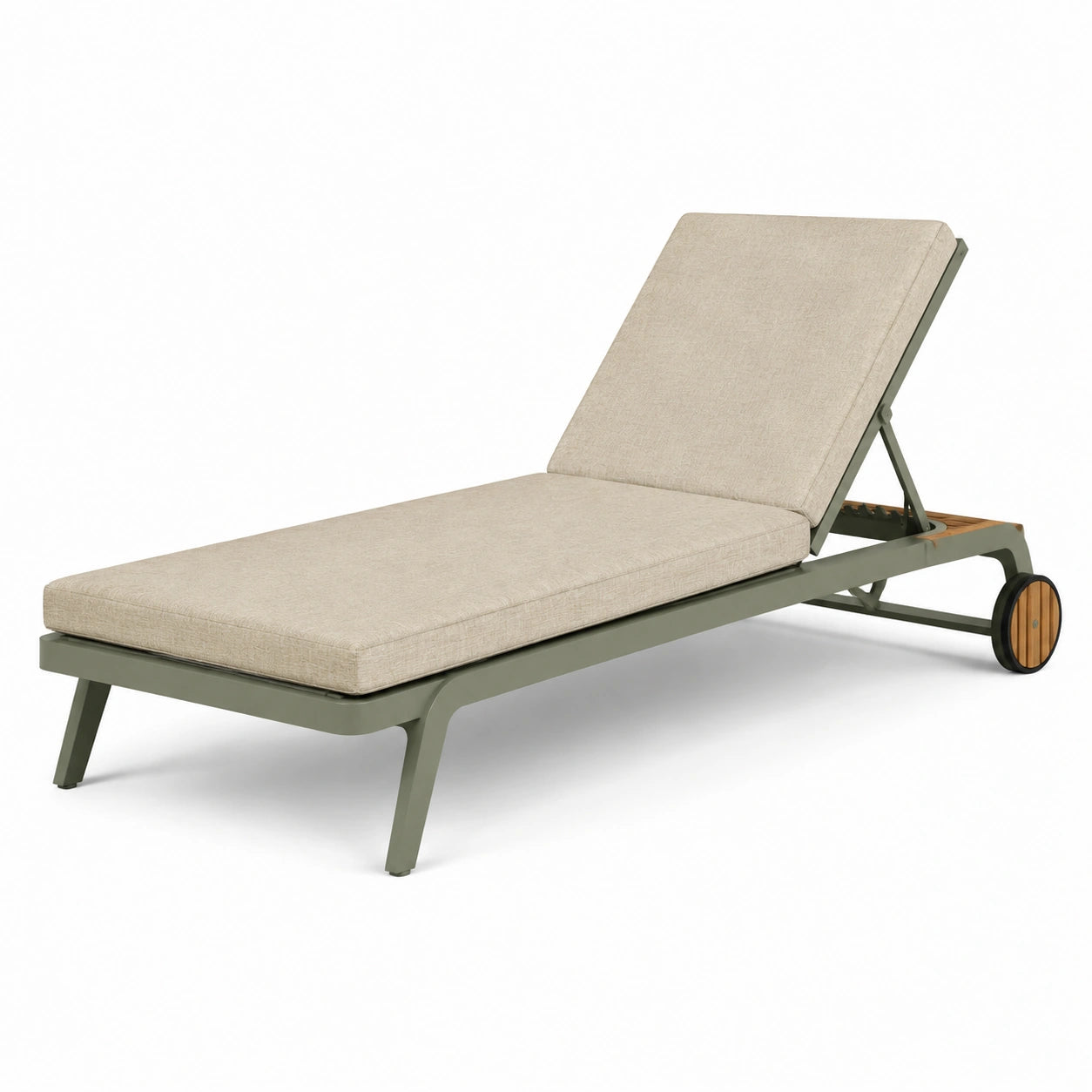 Sdraio da giardino in metallo verde con cuscini di poliestere beige