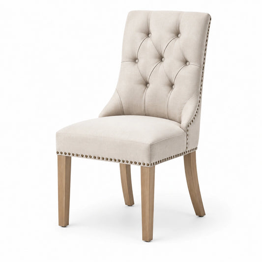 Sedia da pranzo in tessuto di poliestere beige e legno di quercia