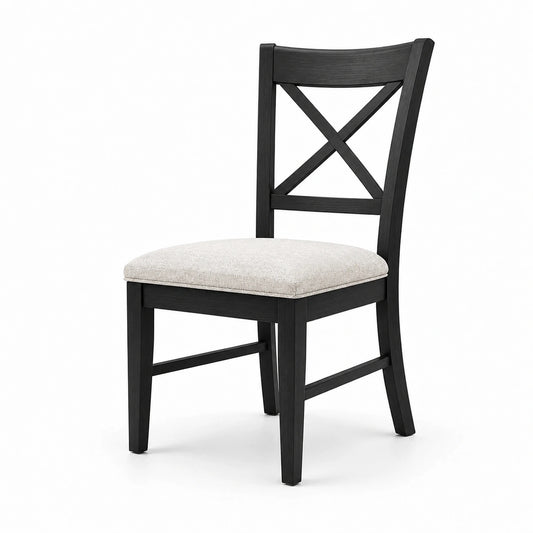 Sedia da pranzo in legno nero con seduta in tessuto beige
