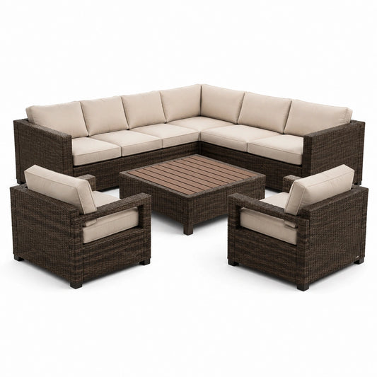 Set salotto da giardino in rattan e legno con cuscini beige