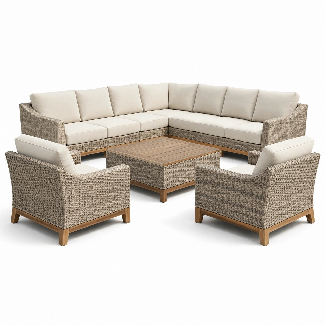 Set da Giardino in Rattan con Tavolo in Legno e Cuscini Beige
