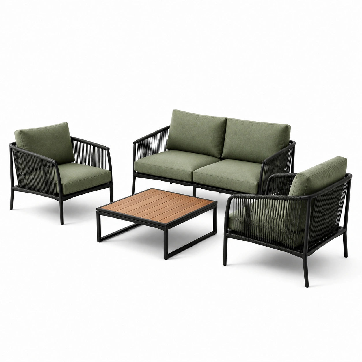 Set salotto da giardino 4 pezzi in metallo e tessuto, nero e verde