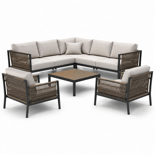 Set da Giardino in Metallo con Cuscini in Poliestere Beige e Tavolino Quadrato