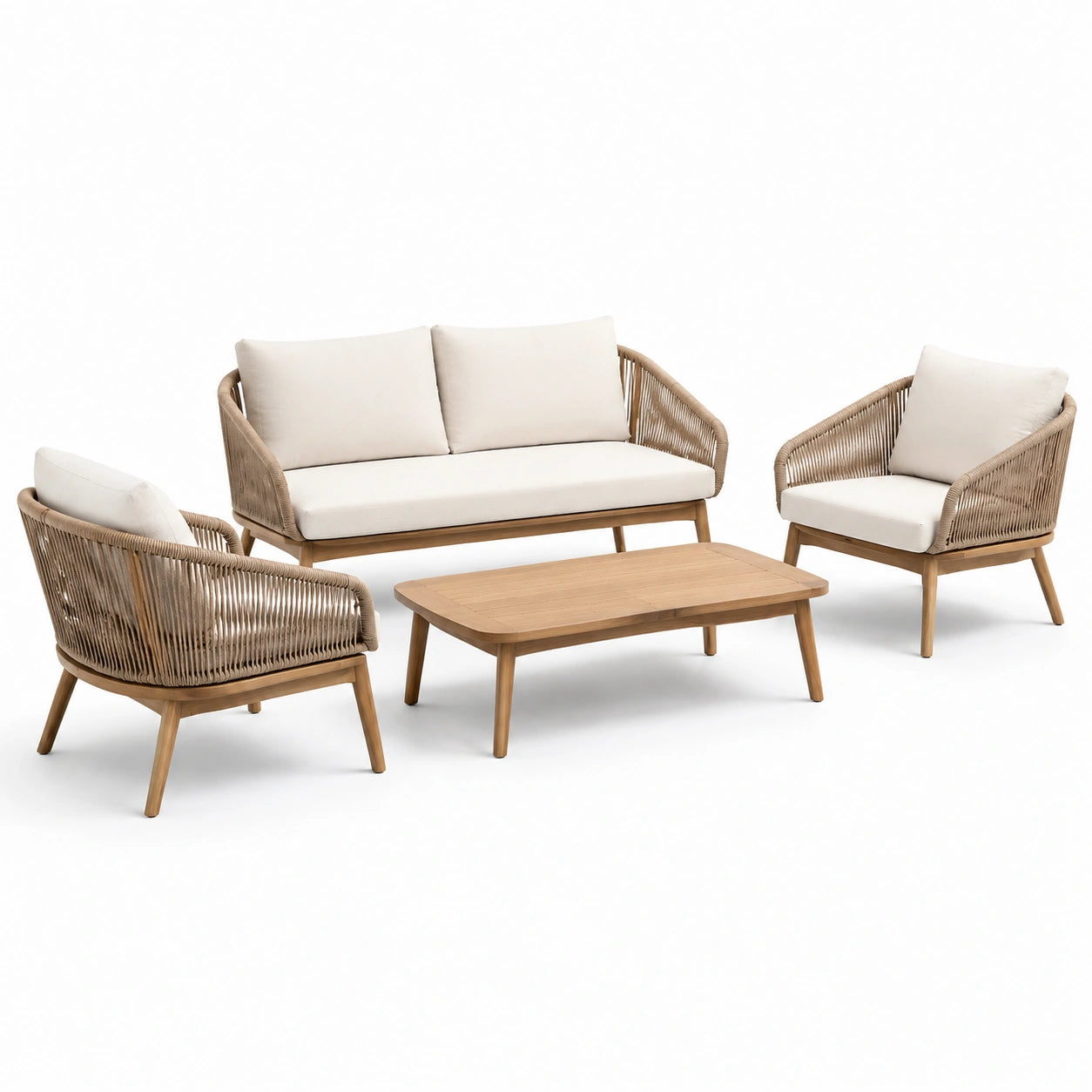 Set da giardino in legno di acacia e corda con cuscini beige