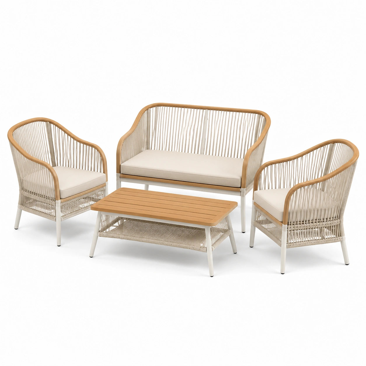 Set da giardino in legno e metallo con cuscini e tavolino