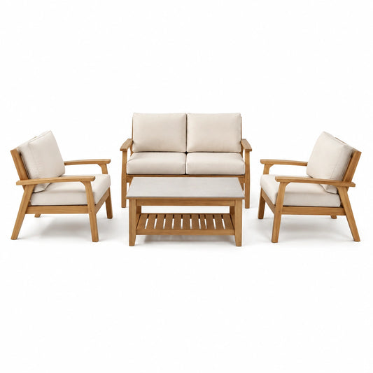 Set da giardino in legno con cuscini color crema