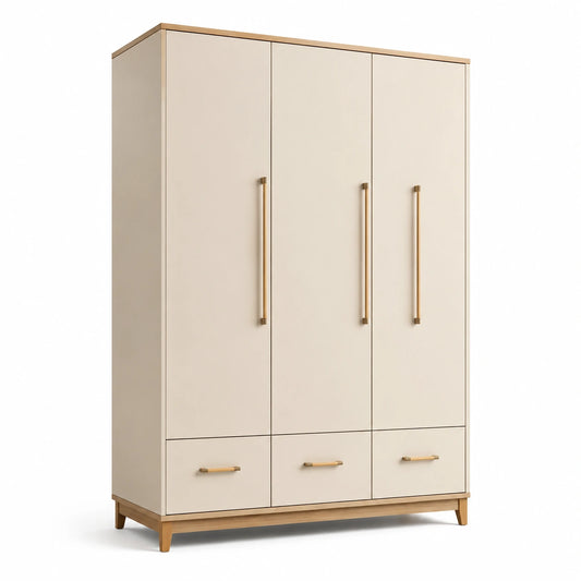 Armadio a 3 ante con cassetti in legno e metallo beige