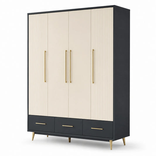 Armadio a 4 ante in legno composito crema e nero con maniglie in metallo dorato