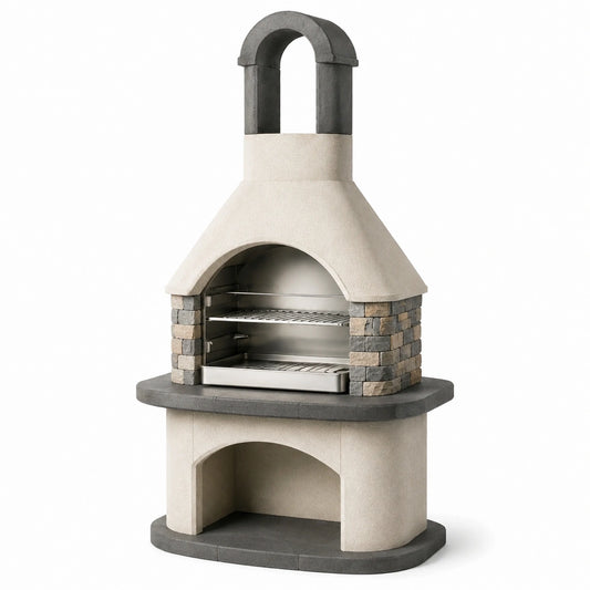 Barbecue esterno in pietra naturale e acciaio inox con camino