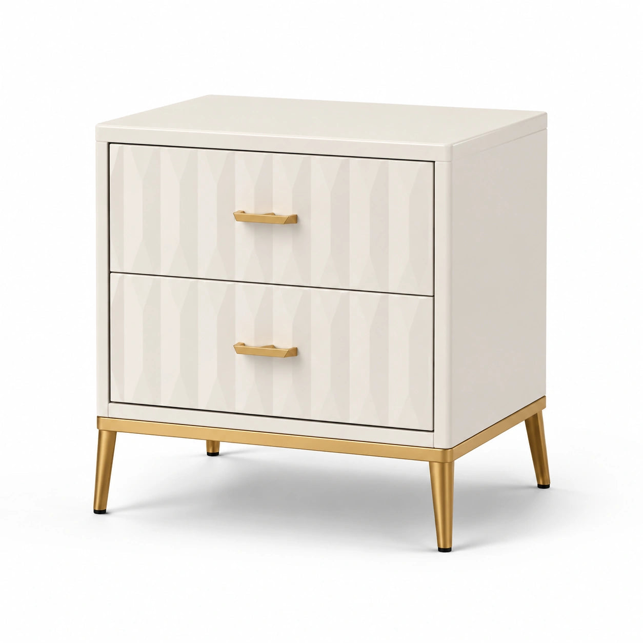 Comodino a due cassetti in MDF e metallo bianco e dorato