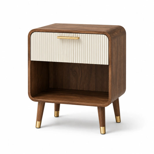 Comodino in legno di noce e MDF con cassetto avorio