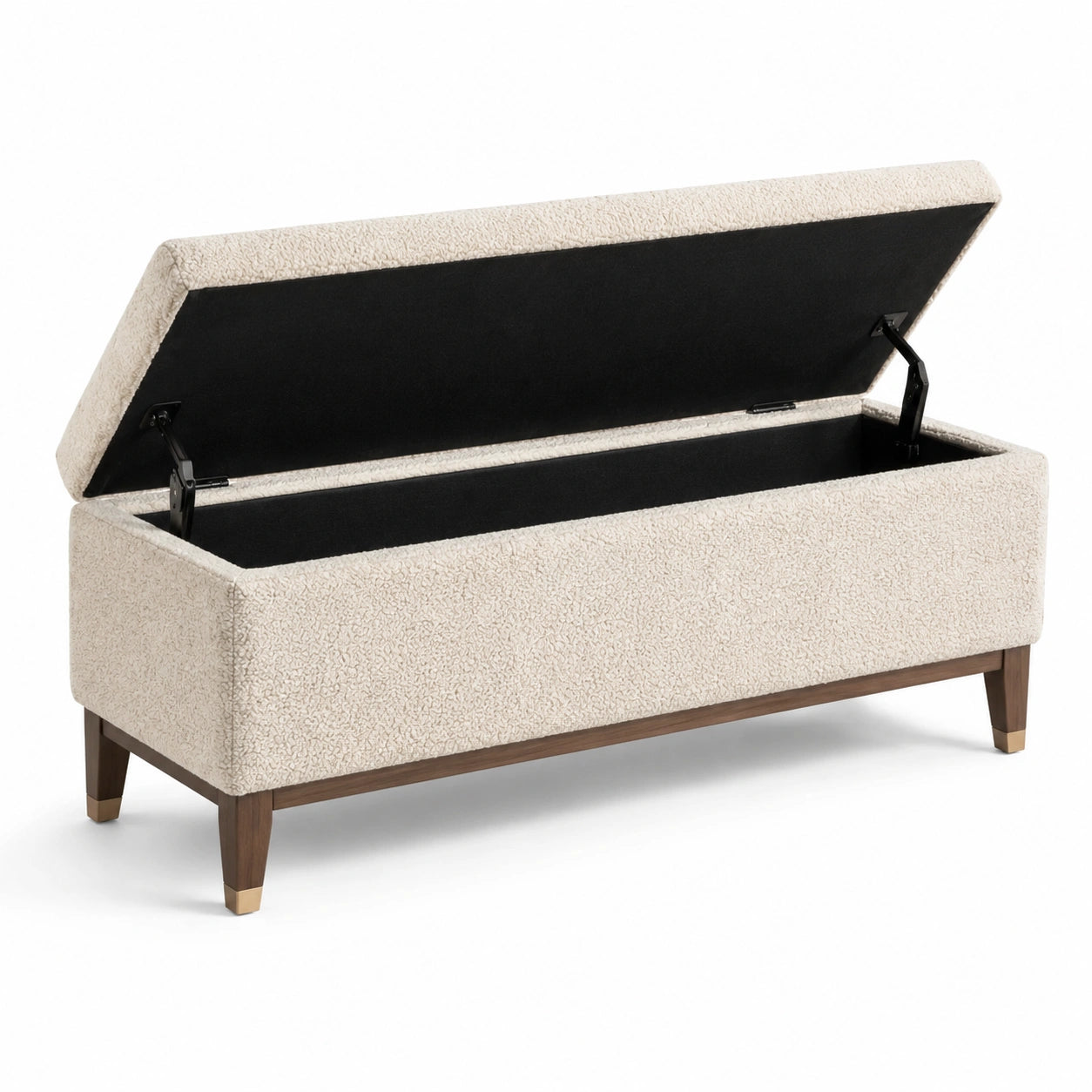 Panca contenitore in tessuto bouclé beige con gambe in legno